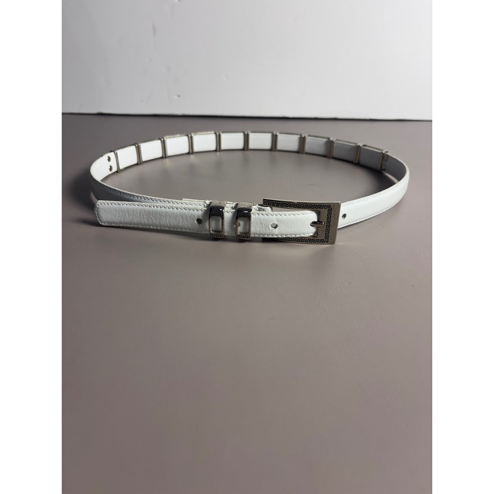 Womens VINTAGE White Genuine Leather Belt Silver Tone Greek Key Buckle Accent ML
